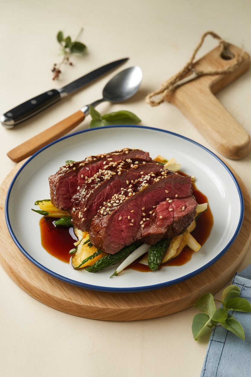 Indoor plate of beef glazed in dark honey-soy sauce, sesame seeds sprinkled on top. No logos, no text.