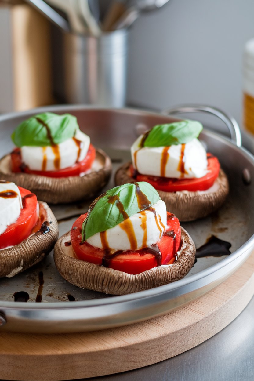 Metal pan indoors with large portobello caps filled with tomatoes, fresh mozzarella, and basil, balsamic drizzle visible. No text or logos.