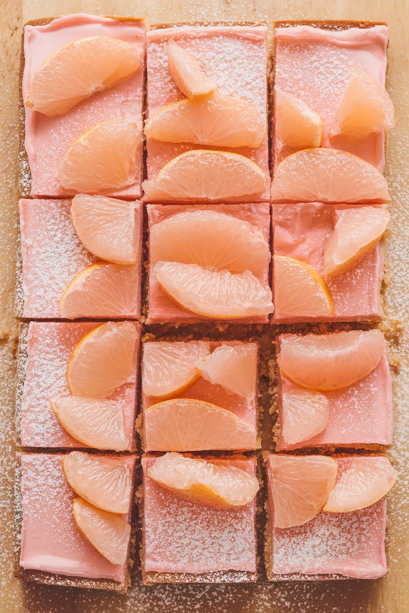 Indoor cutting board with pastel pink grapefruit curd bars dusted lightly with powdered sugar. No text or logos; photo, not illustration.