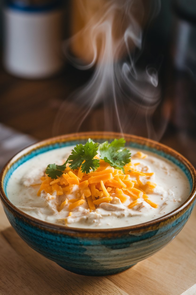Indoor bowl of creamy white chicken chili topped with shredded Monterey Jack and cilantro, steam rising. No text or logos.