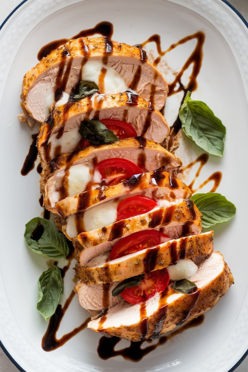 Indoor photo of sliced chicken breast revealing melty mozzarella, tomato, and basil filling, balsamic drizzle on a white platter, no text or logos