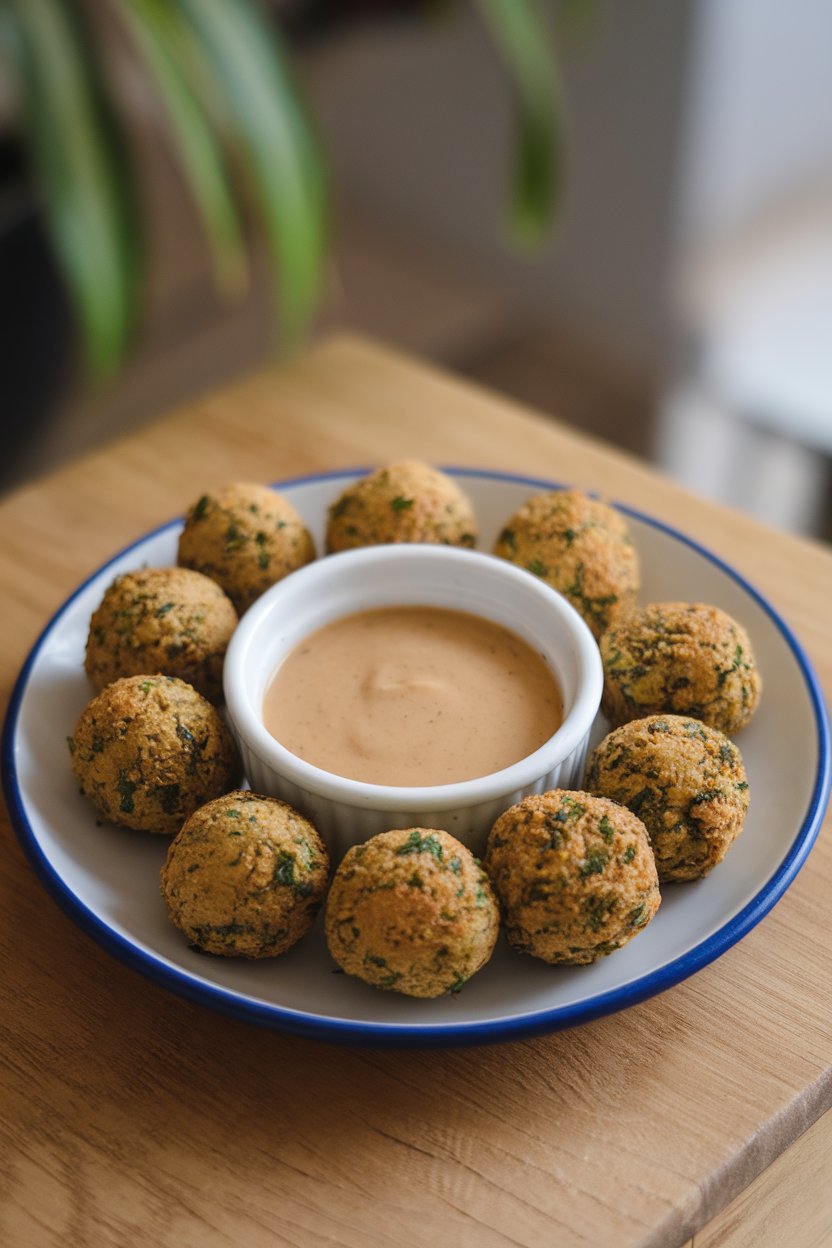 An indoor plate with mini falafel balls, lightly browned, and a small bowl of tahini sauce for dipping. No logos or text.