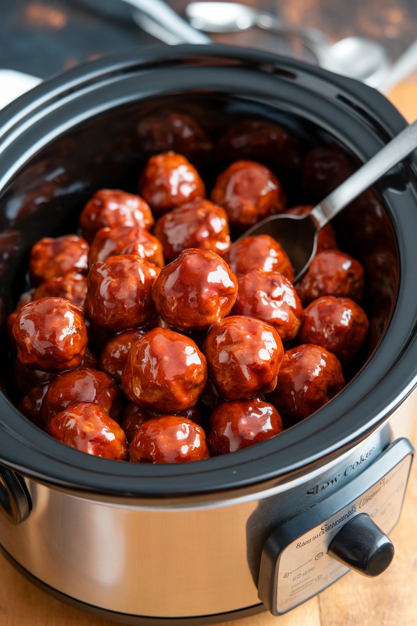 Indoor photo of a slow cooker filled with glossy barbecue meatballs, a serving spoon resting inside. No visible branding or text.
