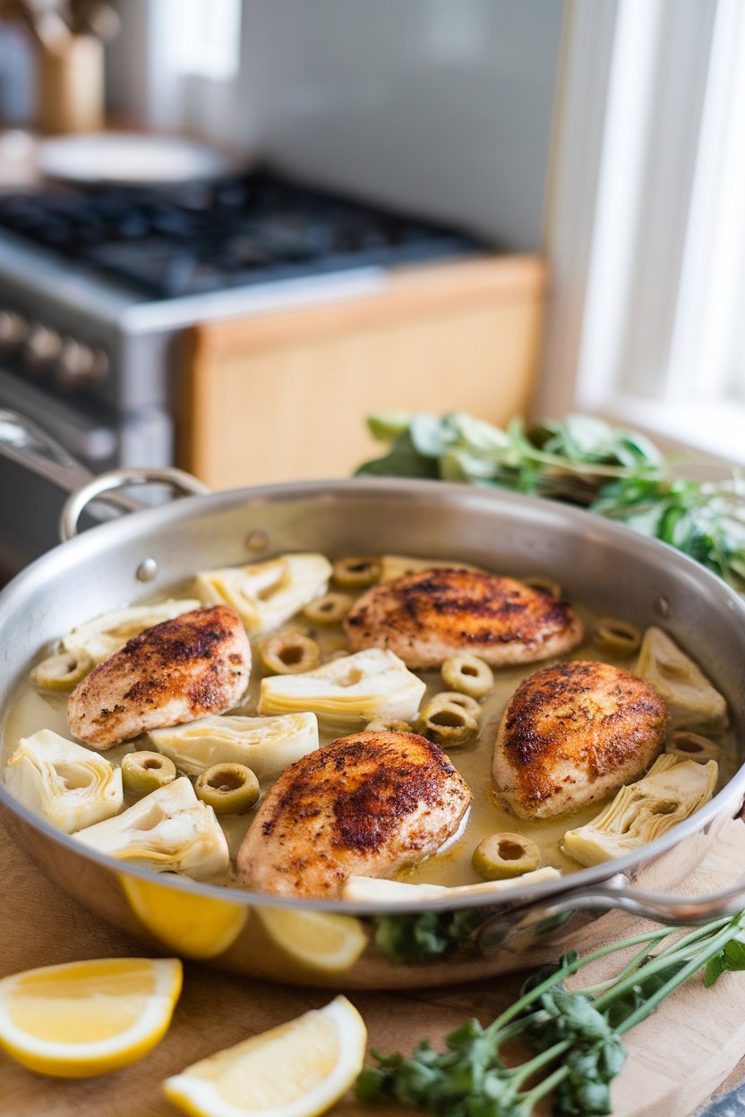 Indoor photo of a stainless skillet filled with browned chicken tenderloins, quartered artichoke hearts, and sliced green olives in a light lemon broth. No text or logos.