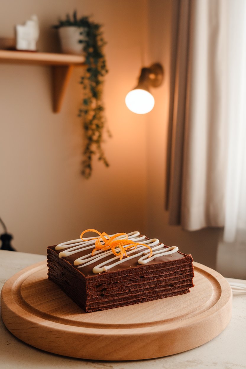 Dark chocolate pancake square with thin orange zest ribbons on top, indoor warm scene, no text or logos.