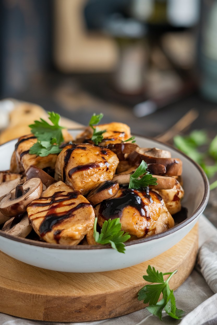 Indoor serving bowl of balsamic-glazed chicken pieces and sliced mushrooms, garnished with parsley. Photo only.