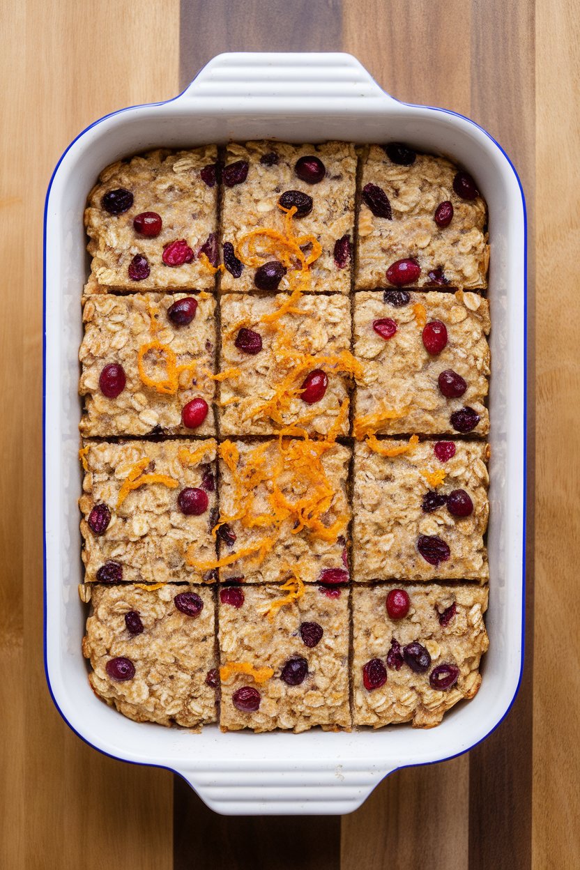 Indoor baking dish with cut squares of baked oatmeal studded with cranberries and topped with orange zest, no brand markings.