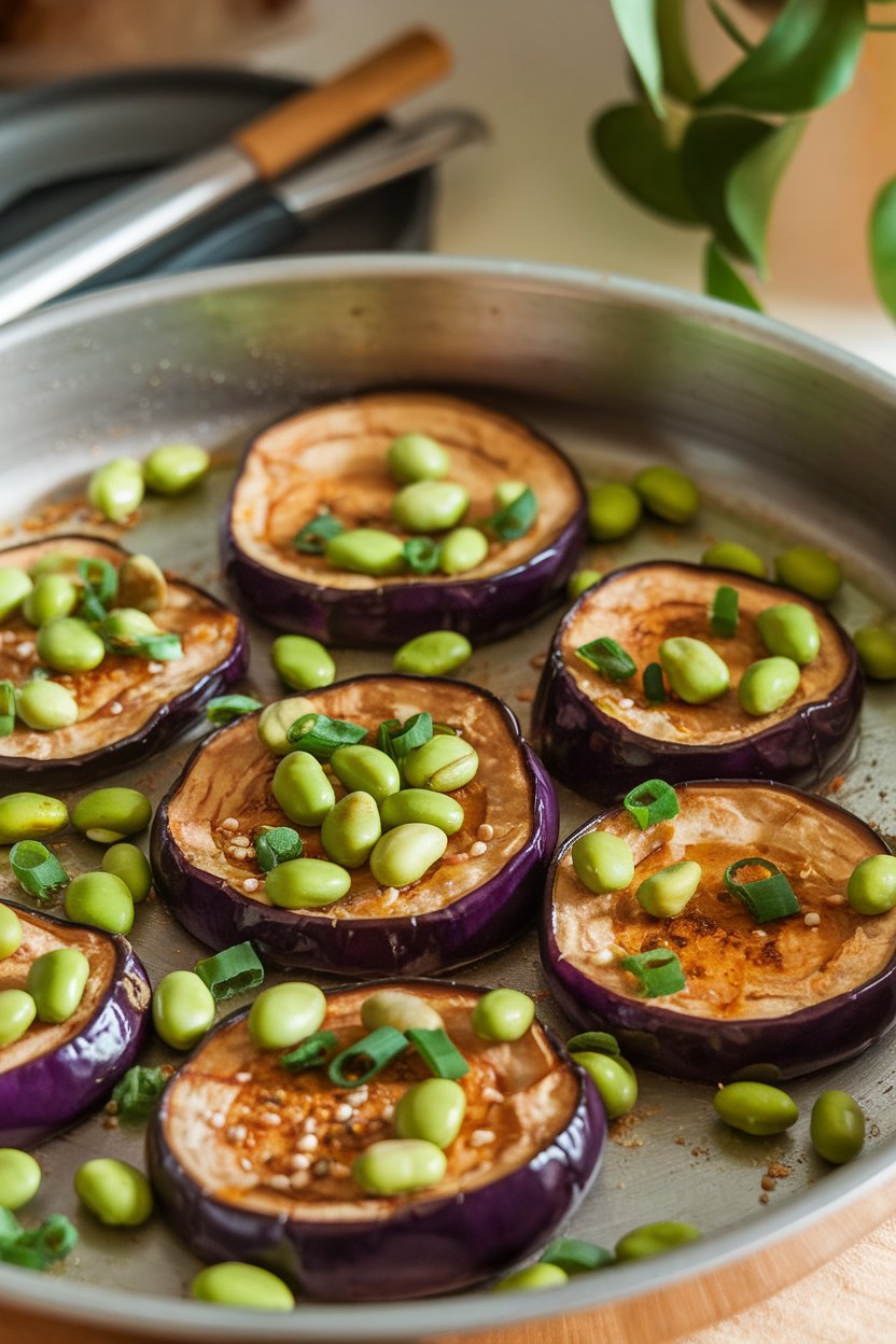 Indoor photo of roasted eggplant rounds brushed with miso glaze, sprinkled with shelled edamame and scallions on a pan; no logos