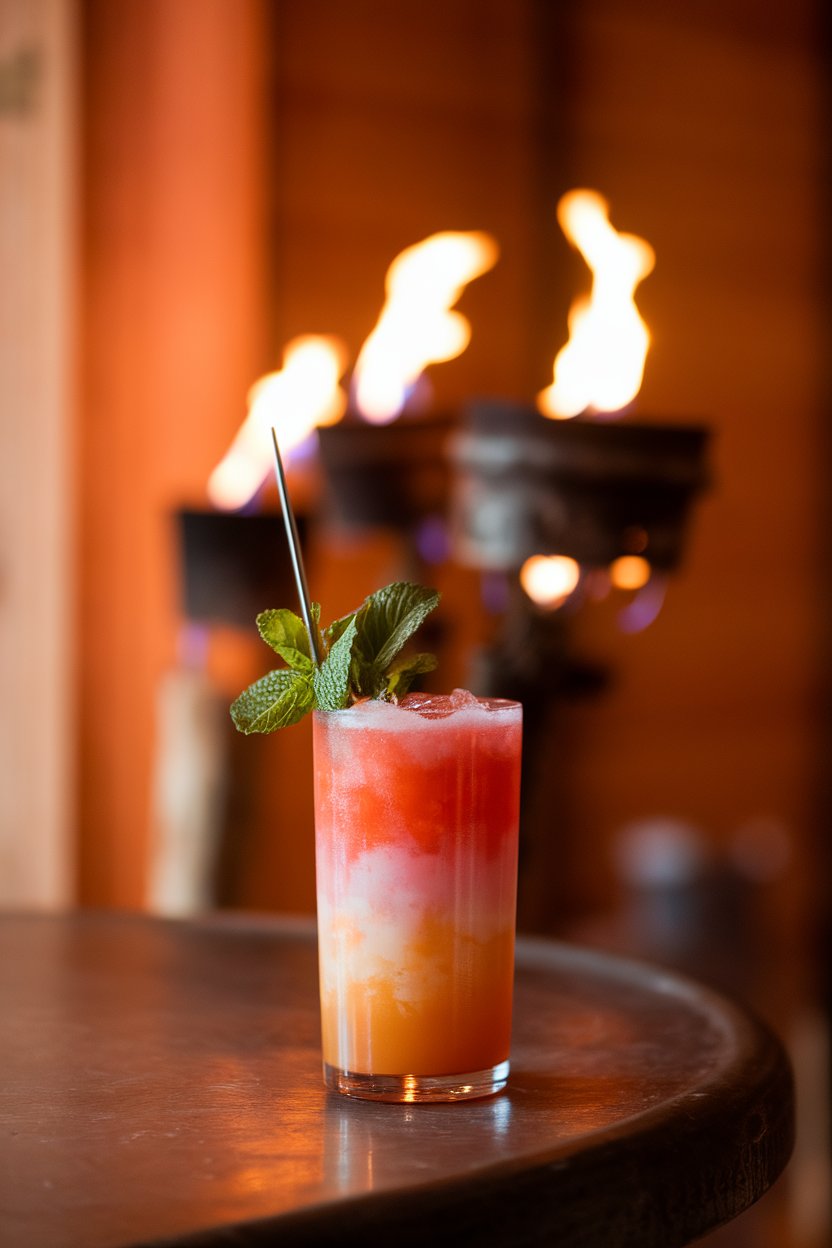Photo of a tall swizzle glass indoors layered pink to orange, swizzle stick and mint crown, flickering tiki torches in background, no text or logos