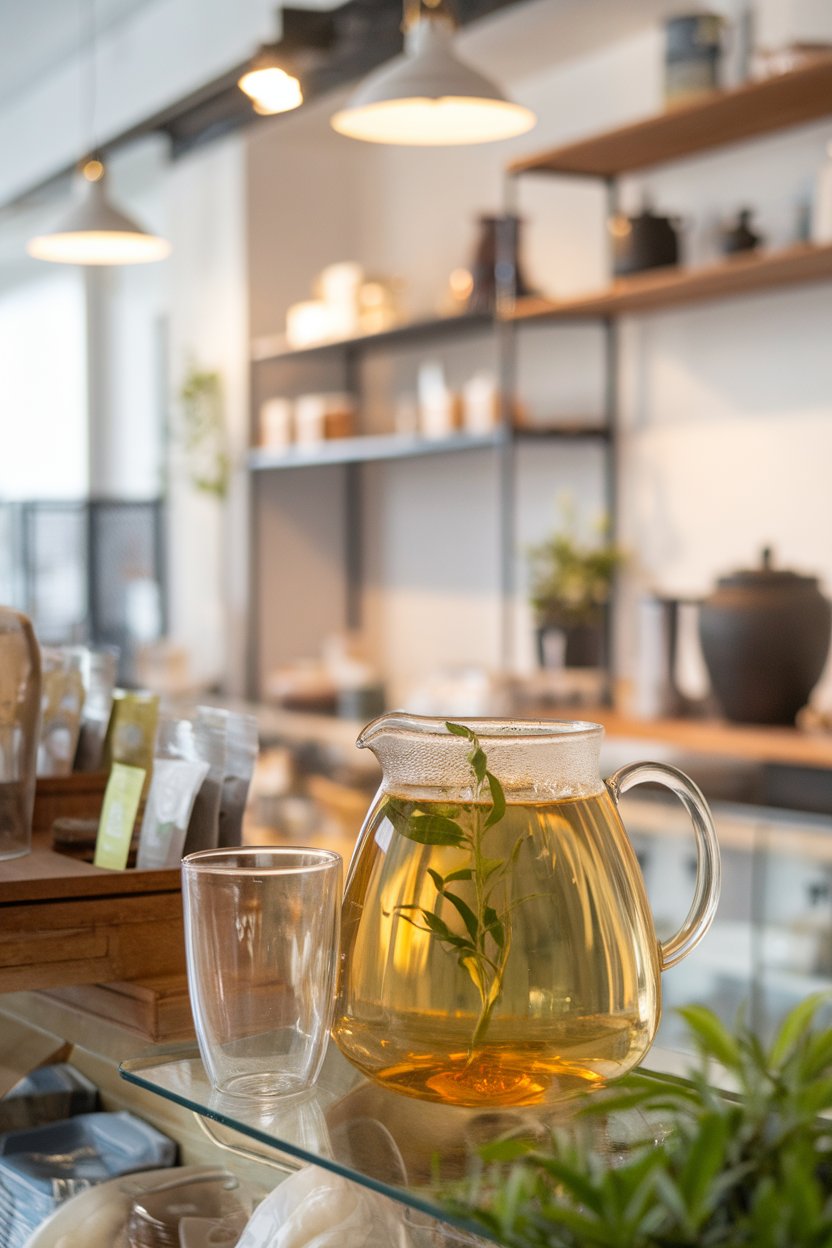 Indoor tea shop with a glass pitcher of golden tea, fresh lemon verbena leaves floating, tumbler beside. No text or logos.