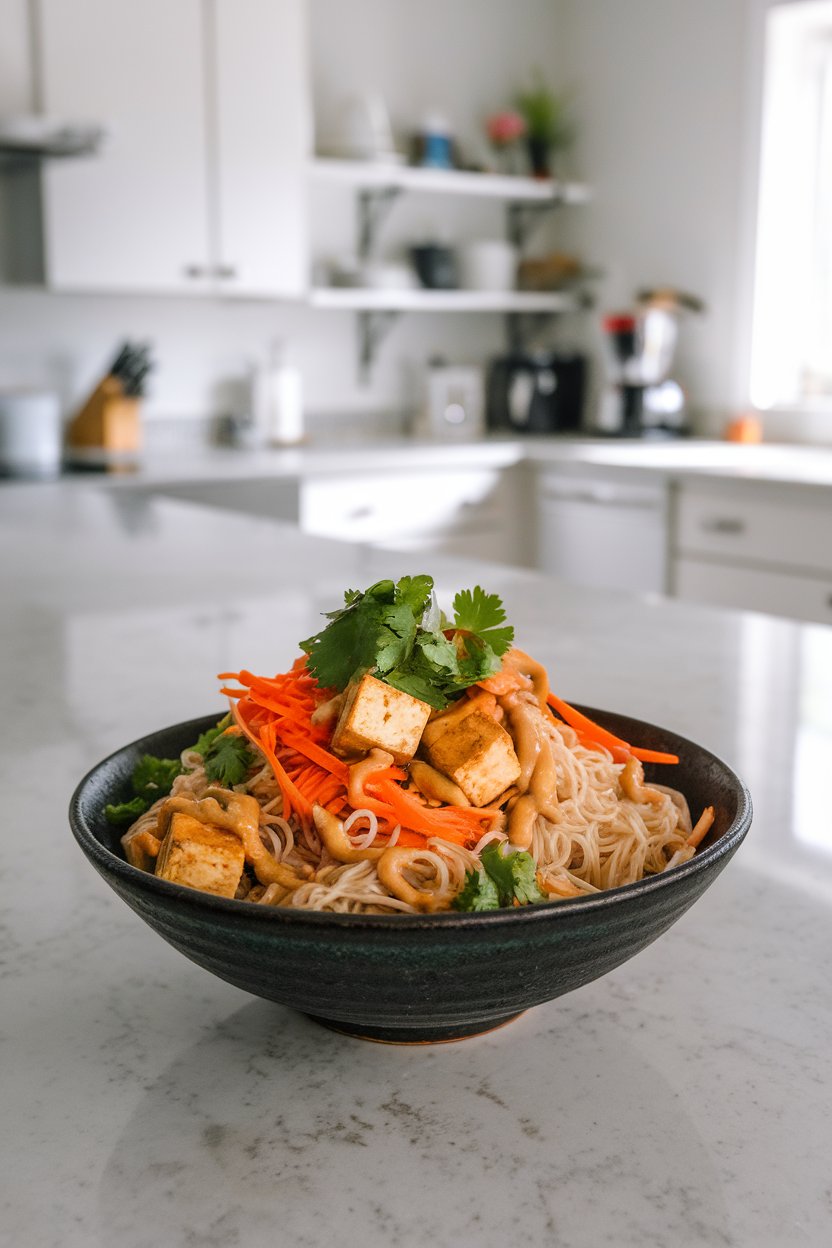 Indoor kitchen island displaying a bowl of rice noodles tossed with sautéed tofu cubes, shredded carrots, and peanut sauce, garnished with cilantro. No text or logos anywhere.