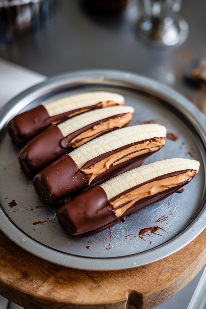 Indoor photo of banana slices sandwiched with peanut butter and dipped in chocolate, set on a chilled plate. No logos present.
