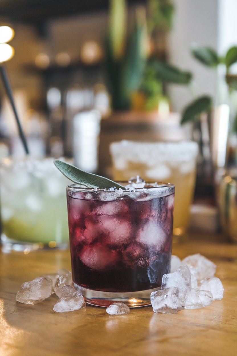An indoor craft bar with rocks glass of dark-purple margarita, salted sage leaf on top, crushed ice; photo, not illustration; no text or logos.