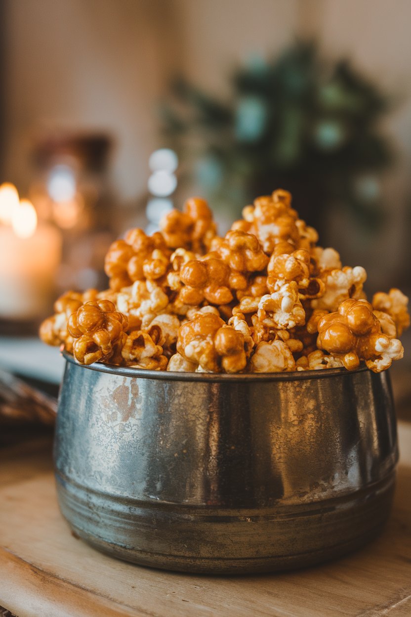 Indoor photo of glossy caramel popcorn overflowing from a metal bowl; no text or logos.