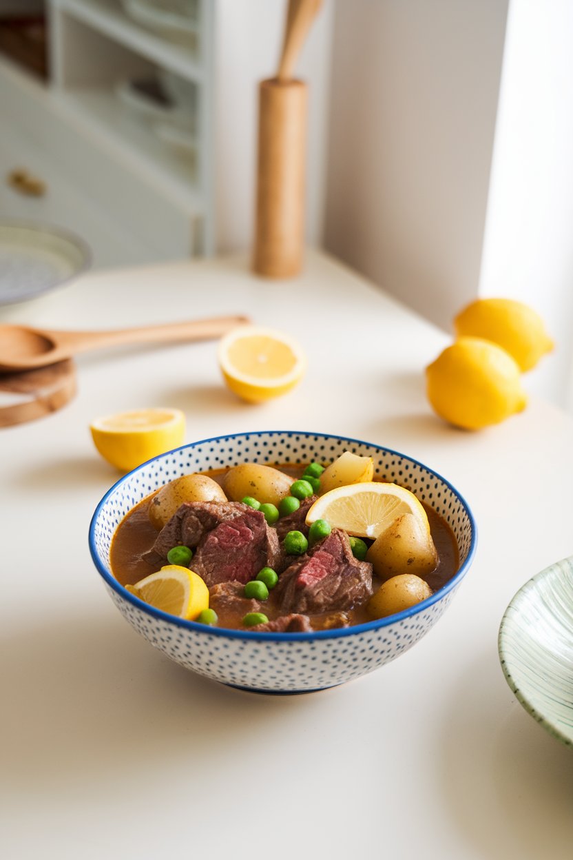 Indoor bright kitchen table with a bowl of beef stew featuring baby potatoes, peas, and lemon slices. No text or logos. Photo.