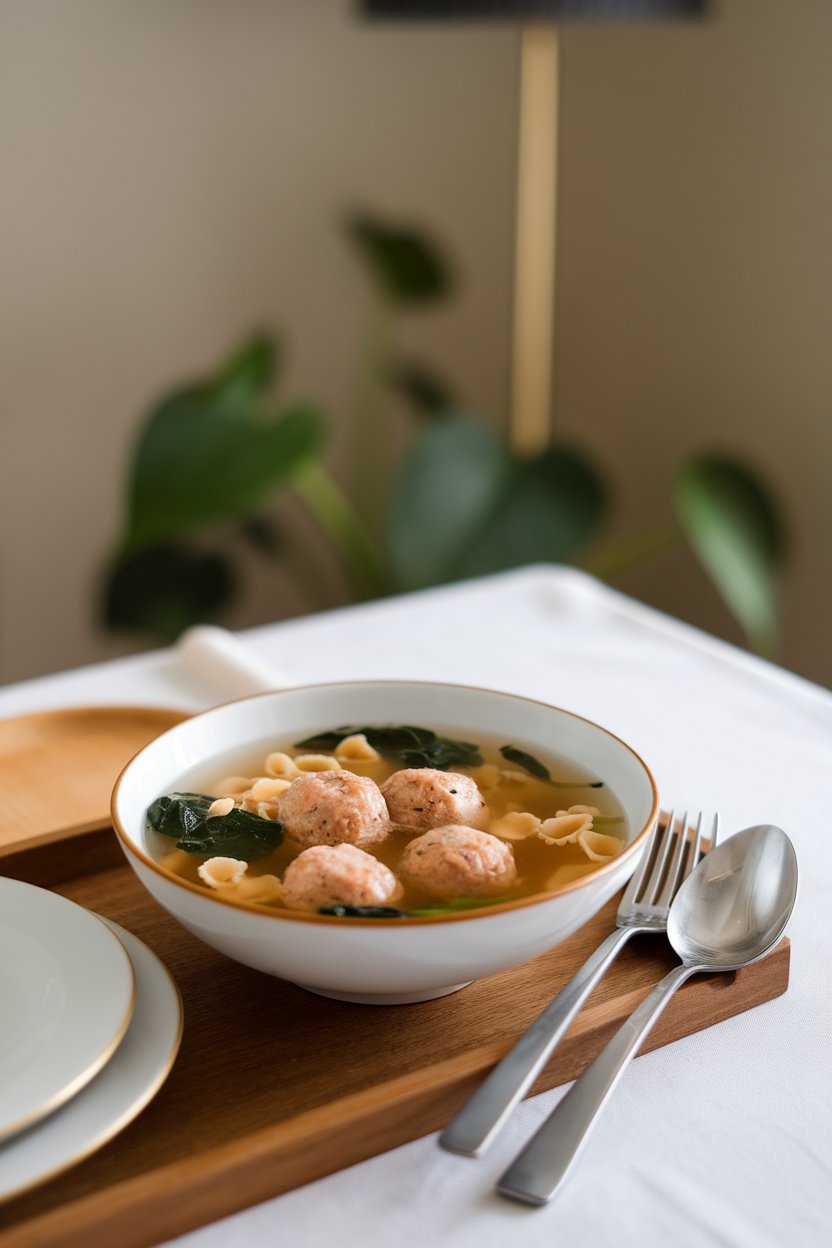 Indoor dining table featuring a bowl of clear broth soup containing mini turkey meatballs, spinach, and tiny pasta shapes; no text or logos; photograph.