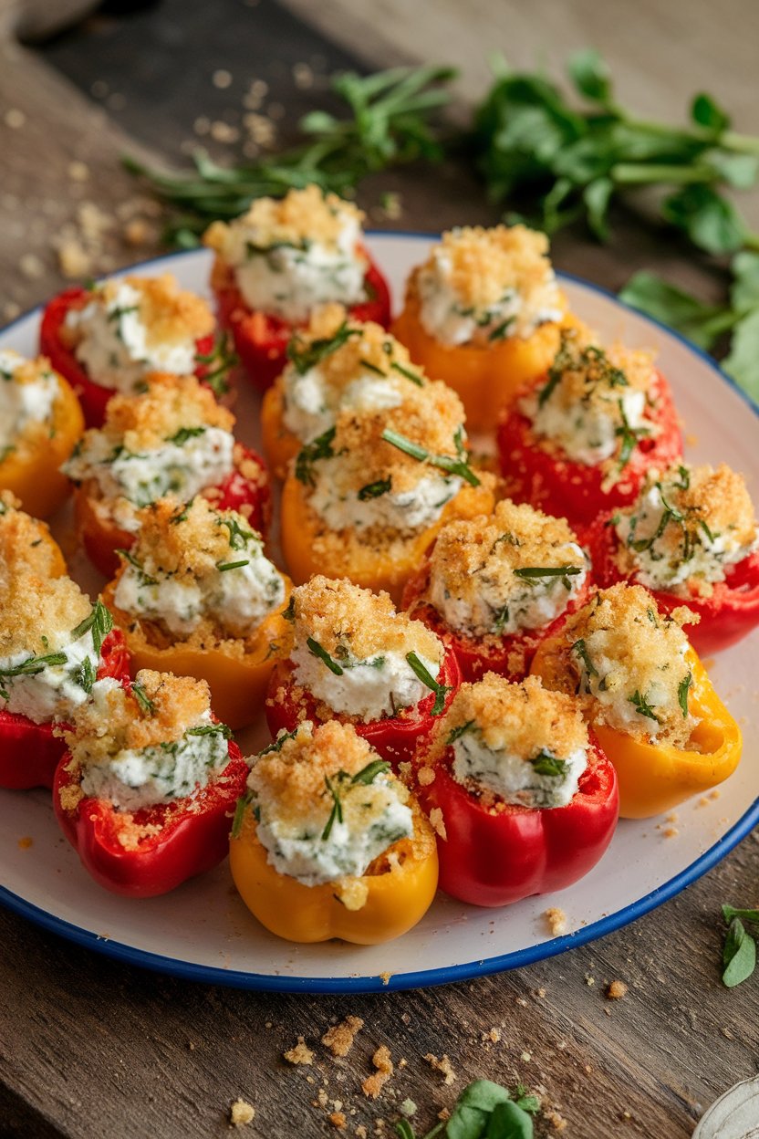 Indoor platter of colorful mini sweet peppers stuffed with herbed goat cheese and topped with breadcrumbs, lightly browned. No text or logos.