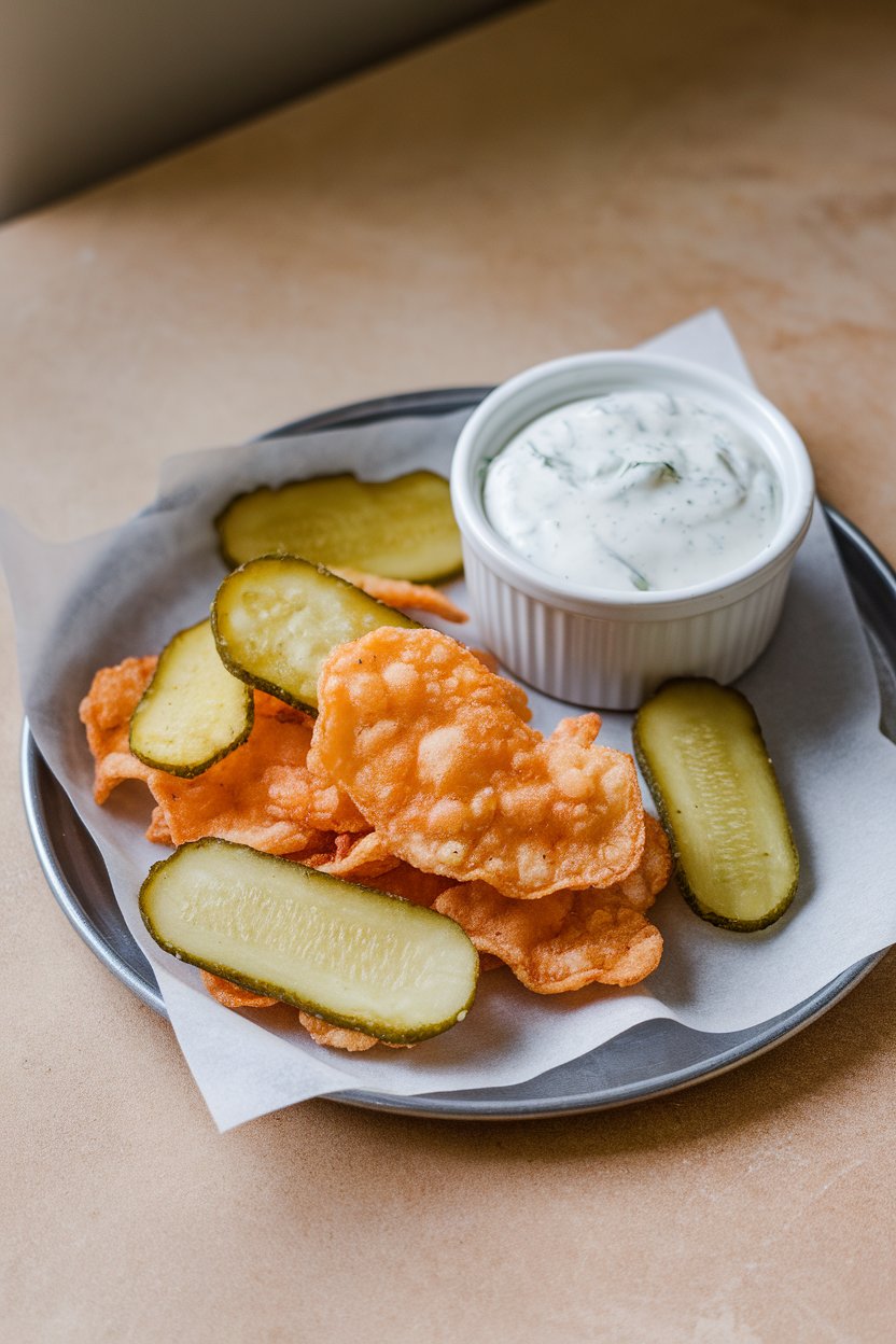 Photo of crispy fried pickle chips on a small tray indoors, ranch dip in a ramekin, no text or logos