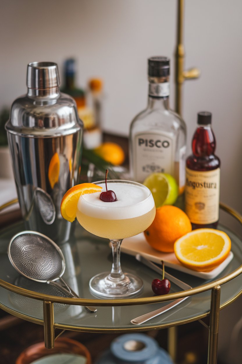 An elegant coupe on an indoor bar cart, pale frothy Pisco Sour with three gentle Angostura drops for design, no logos or text. Photo only.