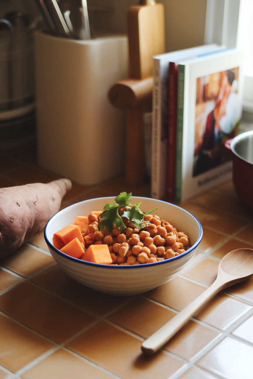 A warmly lit indoor kitchen scene with a bowl of saucy peanut chickpeas, sweet potato cubes visible, cilantro garnish. No text or logos.