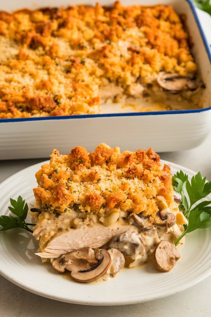 Indoor casserole slice of creamy chicken tetrazzini with mushrooms and parmesan crumbs. Photo only.