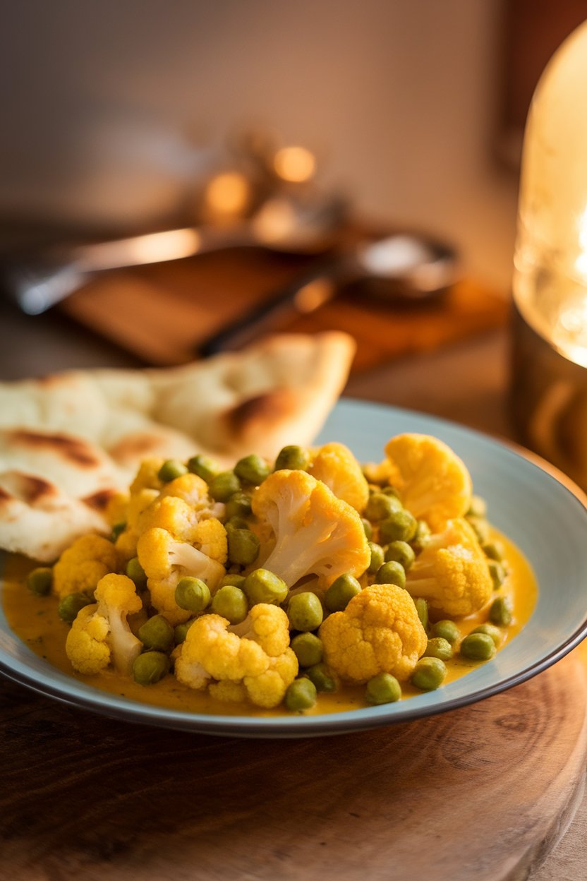 Indoor plate of golden cauliflower florets and green peas in mild yellow curry, served with naan bread corner visible. No text or logos present.