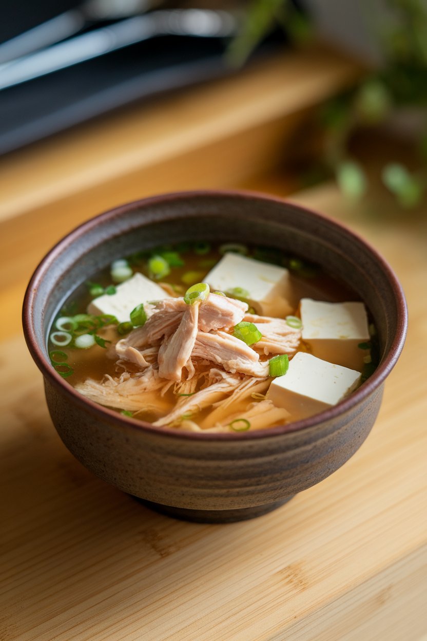 Indoor ceramic bowl of clear miso broth with shredded chicken, tofu cubes, and scallions. No logos.