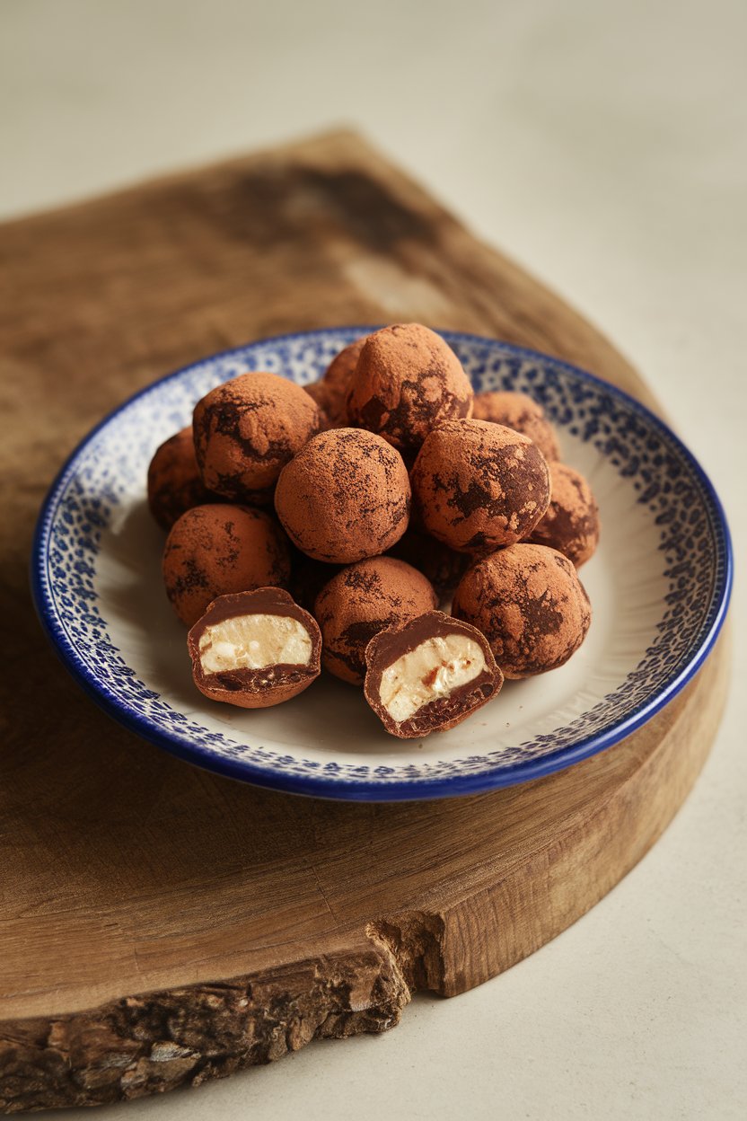 Indoor dessert plate featuring small cocoa-dusted chocolate truffles, some cut open to reveal creamy centers, no text or logos. Photo only.