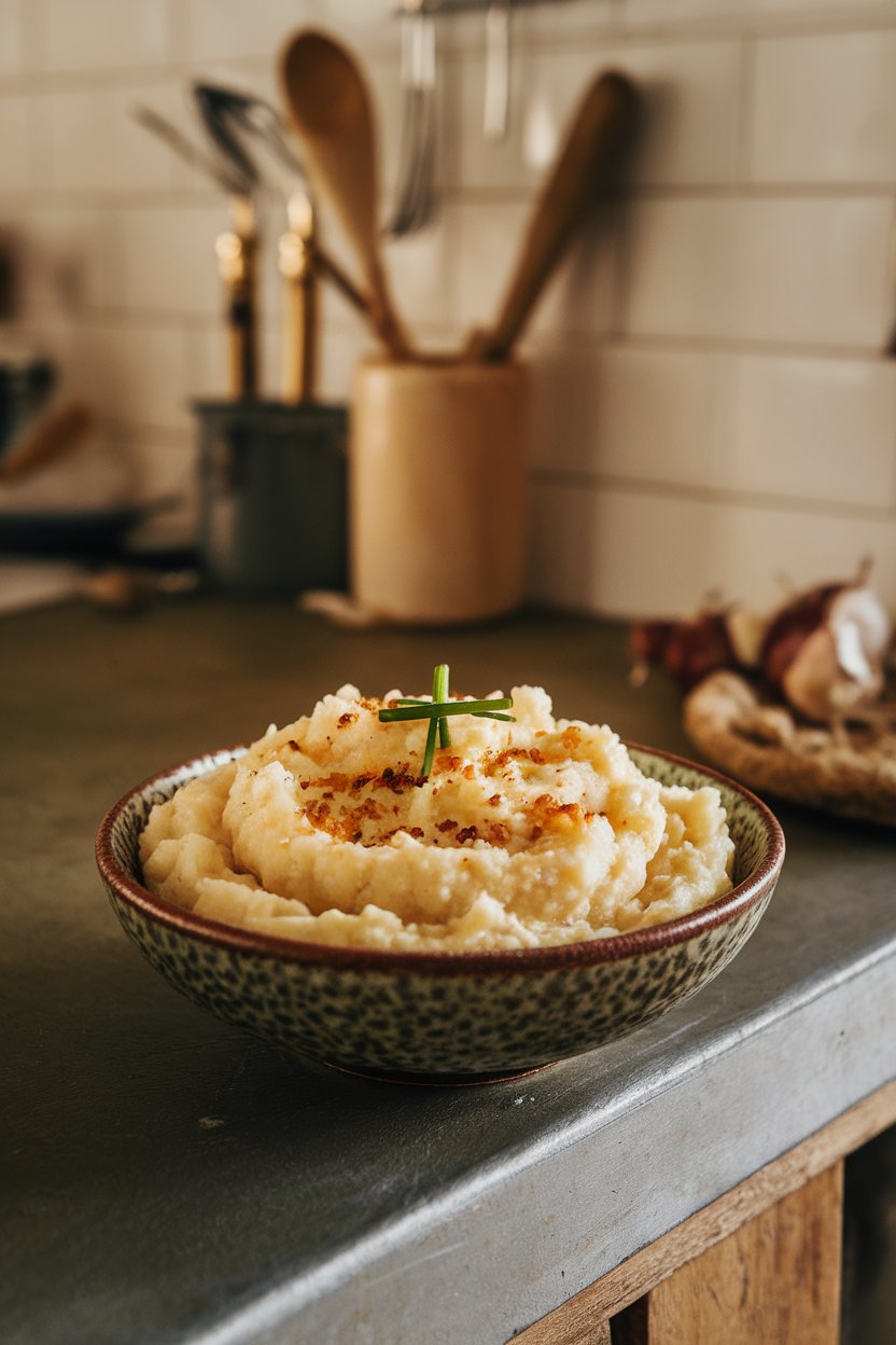 An indoor kitchen island displaying a rustic bowl of creamy cauliflower mash flecked with parmesan and roasted garlic, topped with a sprinkle of chives; no text or logos; photo only.