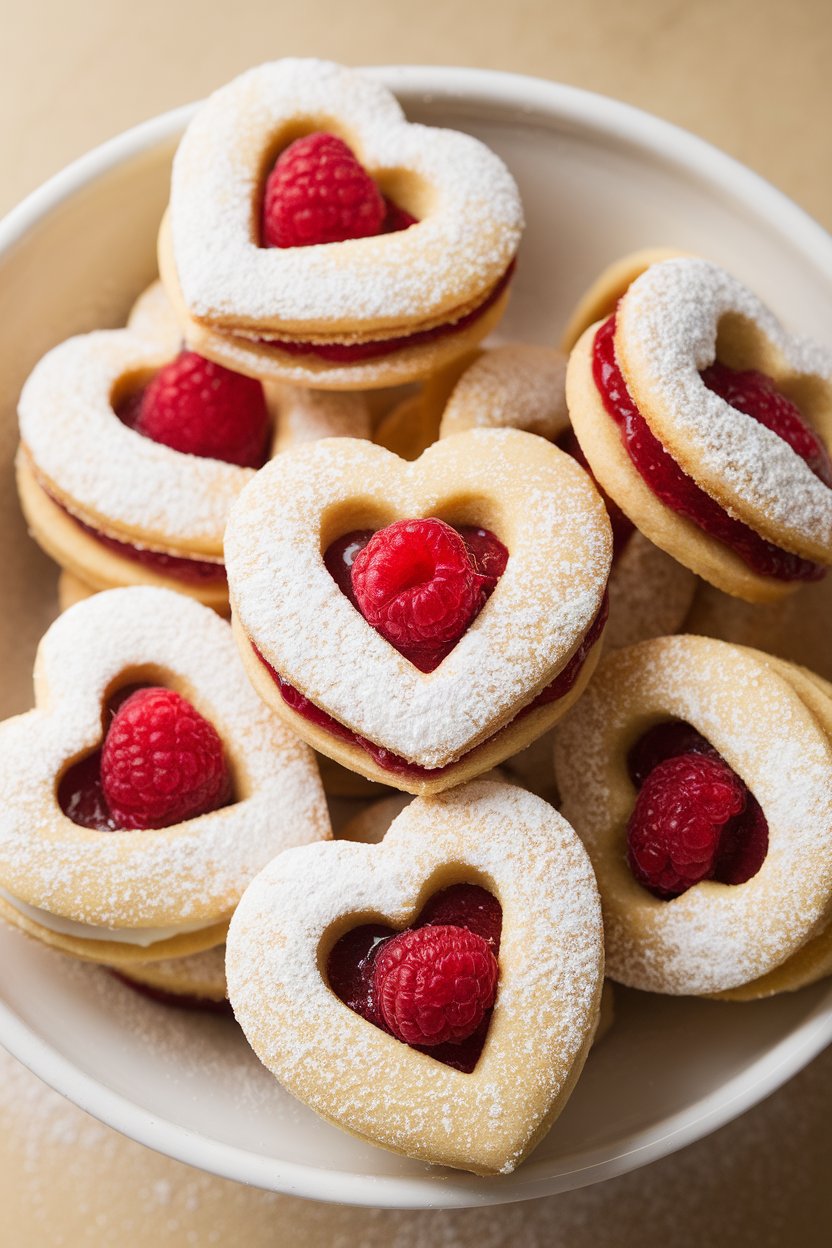 A close-up indoor shot of sandwich cookies with heart-shaped cutouts revealing raspberry jam, dusted in powdered sugar. Photo, no text or logos.