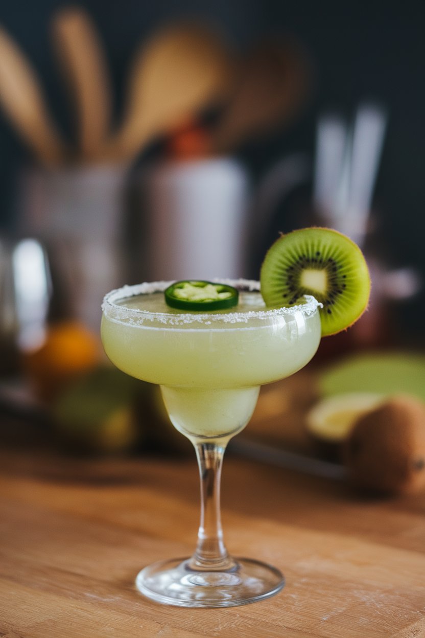 Photo indoors of a coupe glass with pale green margarita, jalapeño slice floating, kiwi wheel on rim; no text or logos.