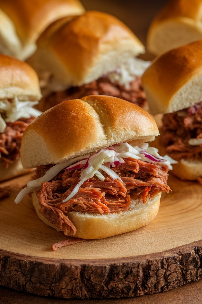 Indoor photo of mini brioche buns stuffed with saucy pulled pork and a bit of coleslaw on a wooden board. Soft, warm lighting; no brands or logos present.