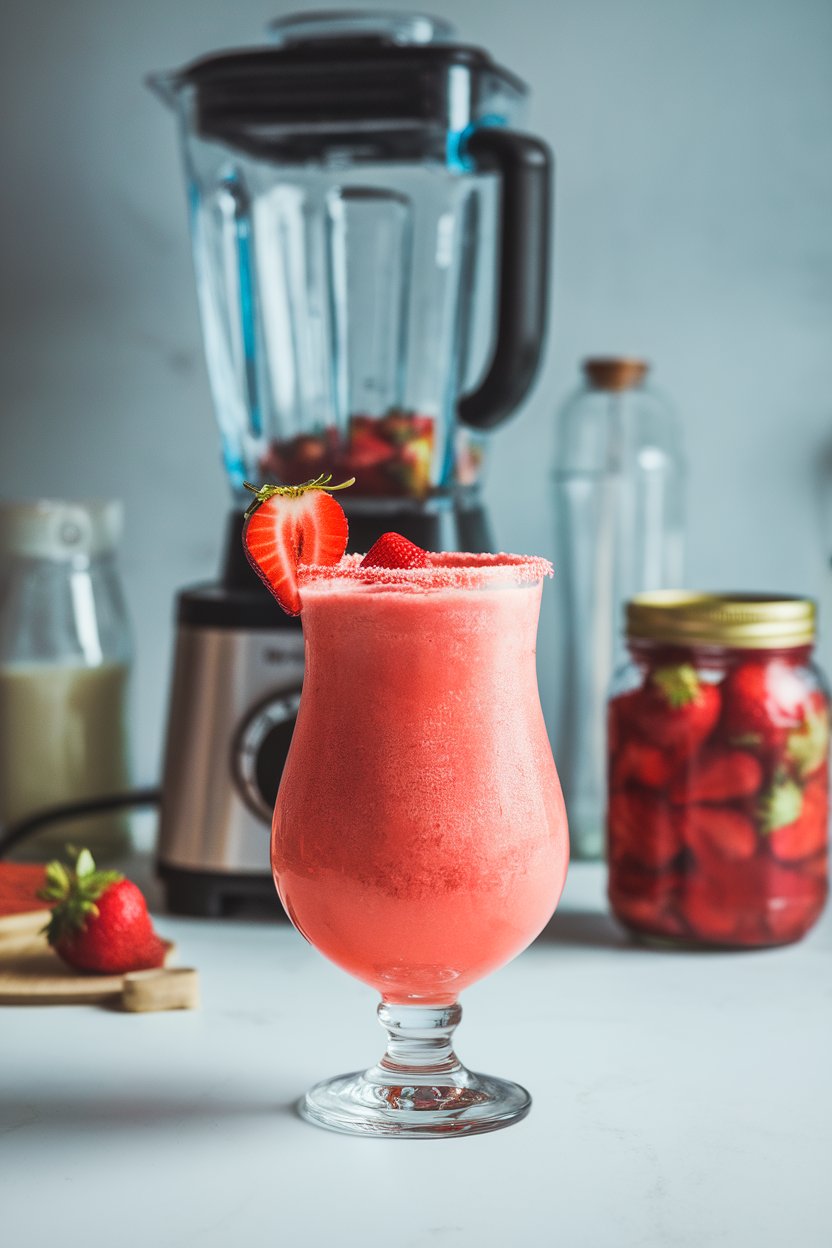 Indoor blender bar with a hurricane glass of bright red frozen strawberry daiquiri, strawberry slice on rim, no text or logos. Photo only.