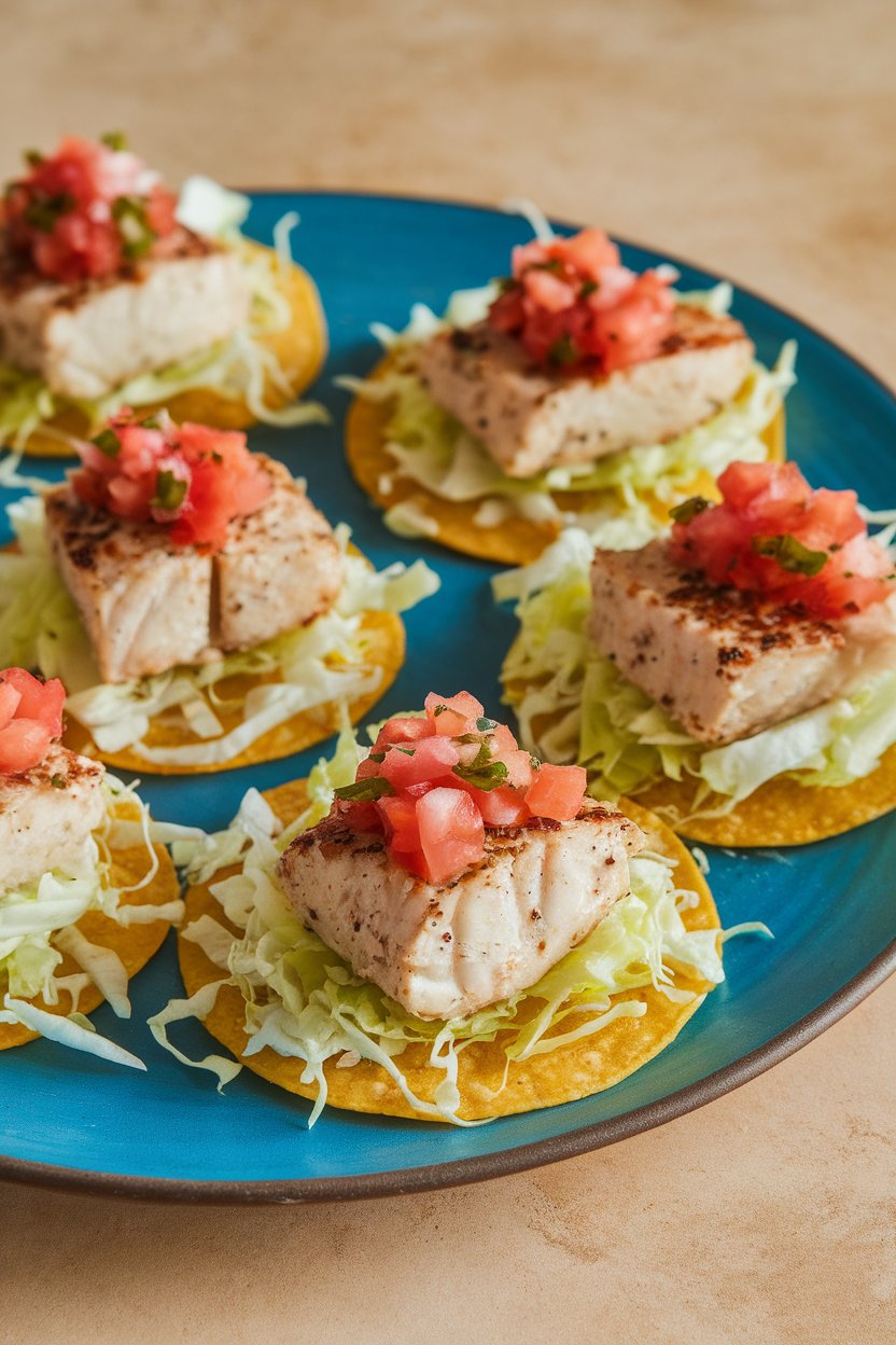 Indoor photo of tiny corn tortillas holding cooked seasoned white fish, shredded cabbage, and pico de gallo. No logos or text present.