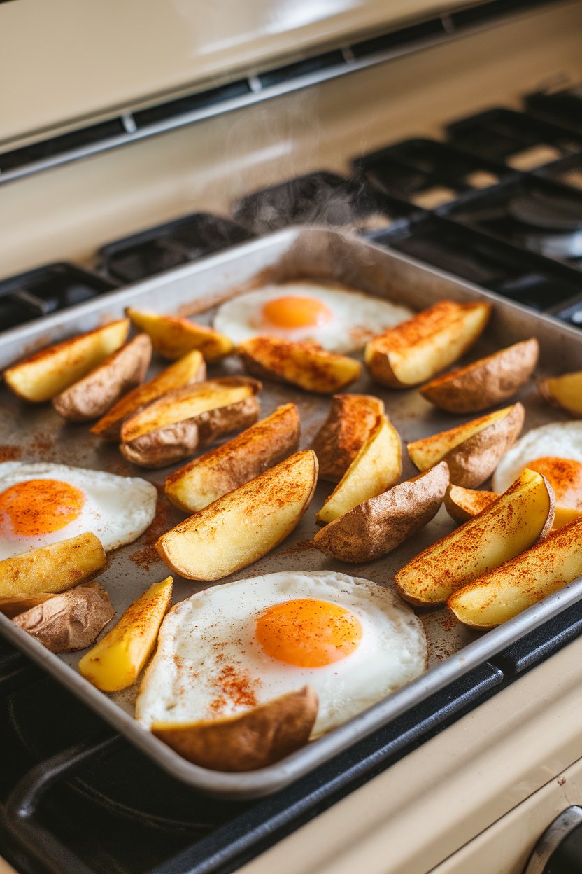 Indoor stovetop shot of a sheet pan loaded with crispy paprika-rubbed potato wedges and baked eggs, steam visible. No text or logos.