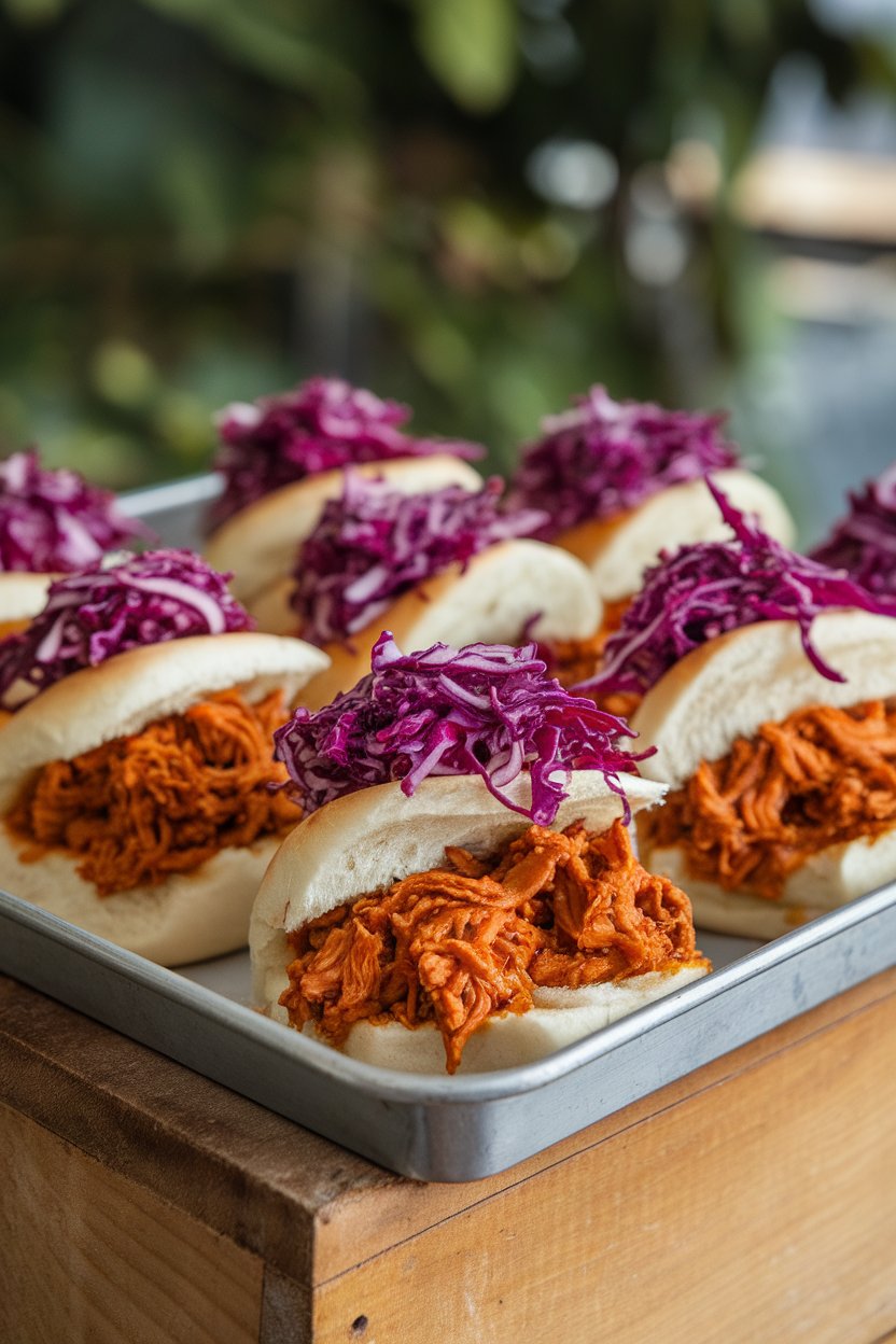 An indoor tray of small buns filled with saucy pulled jackfruit, purple slaw piled on top. No text or logos. Photo, not illustration.