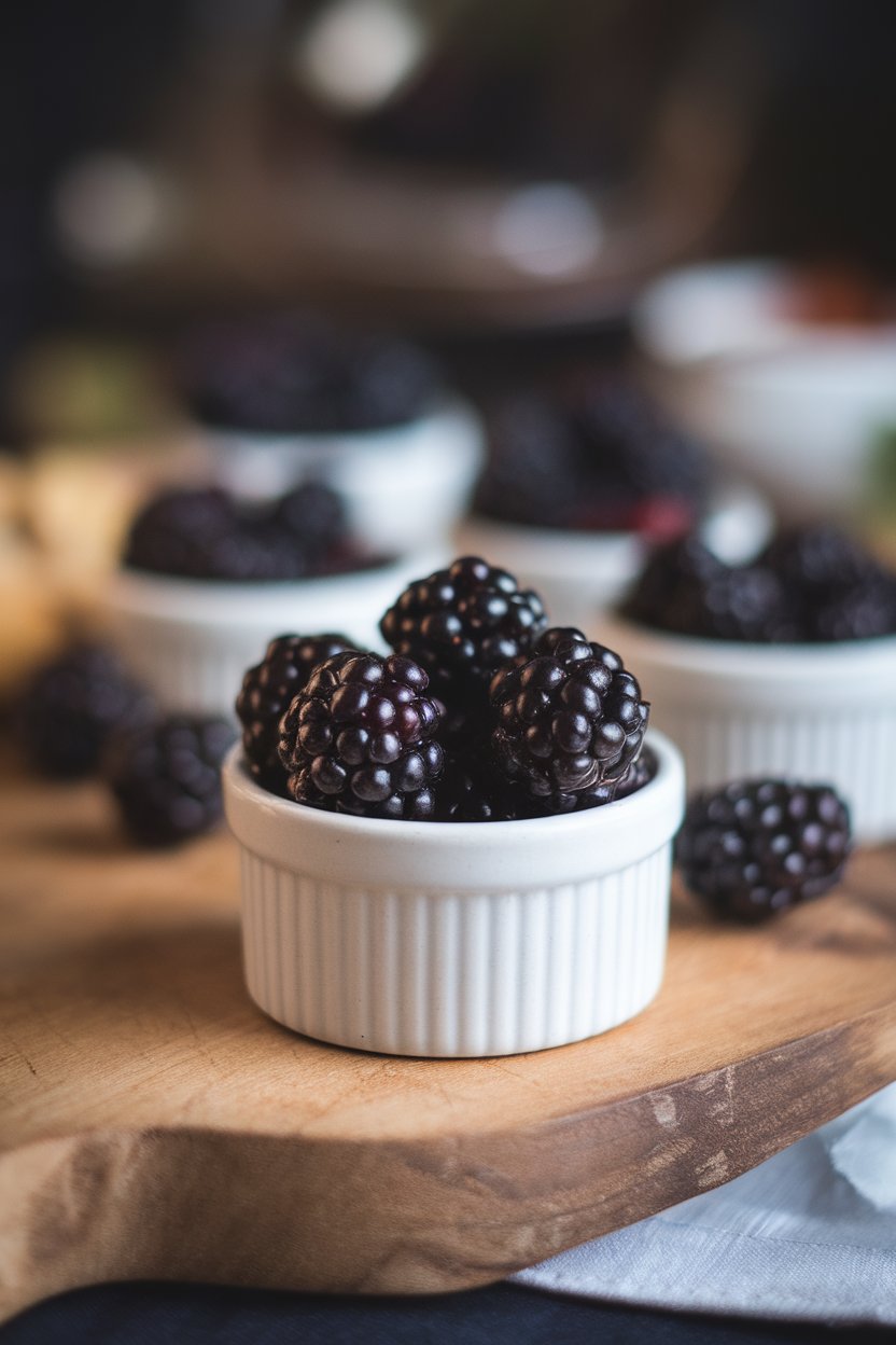 An indoor close-up of plump blackberries in a small ceramic ramekin placed on a board. Photo, no text or logos.