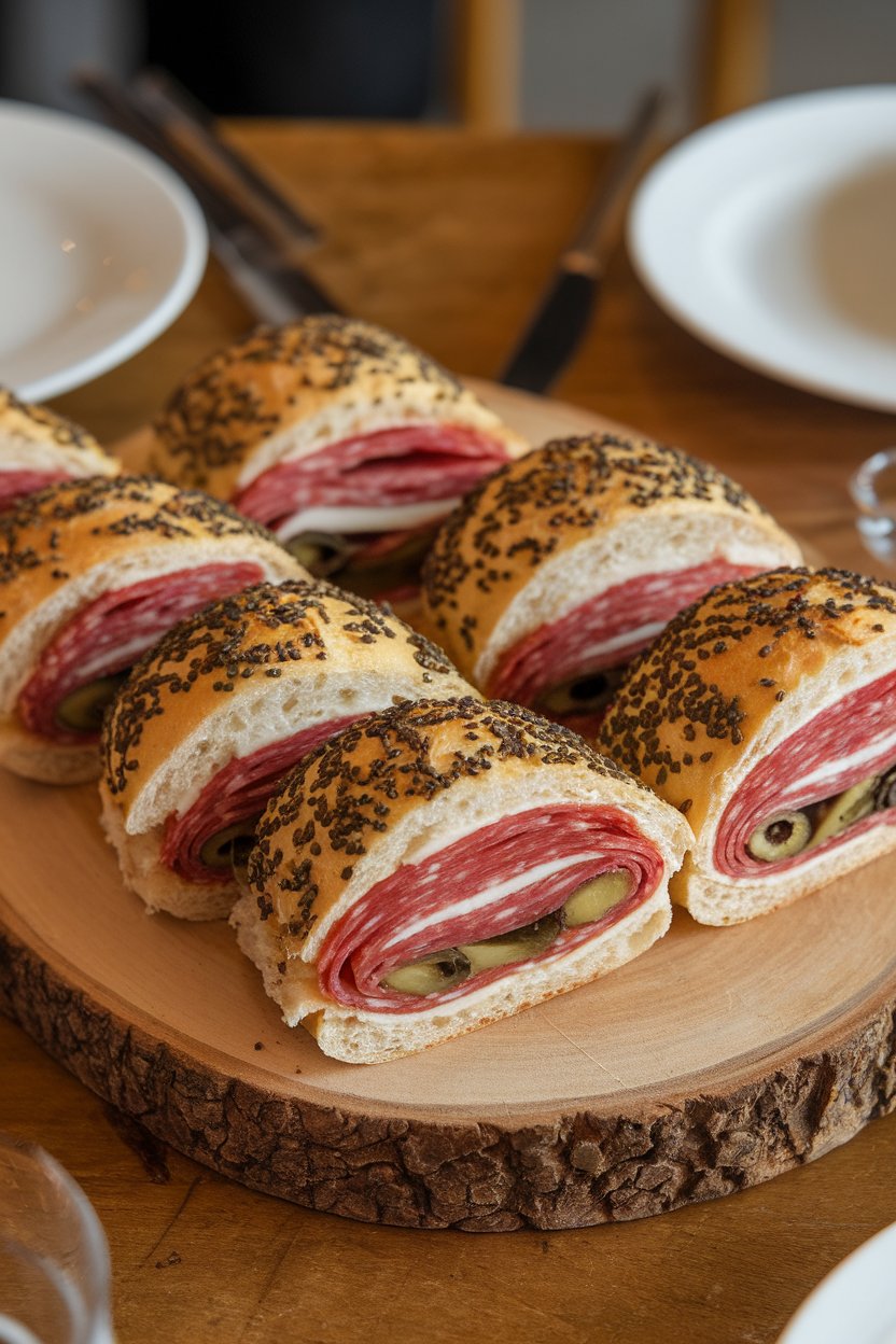 An indoor dining table presenting a wooden board lined with small seeded rolls stuffed with layers of mortadella, salami, provolone, and olive salad, cut in half to show filling. No text or logos visible.