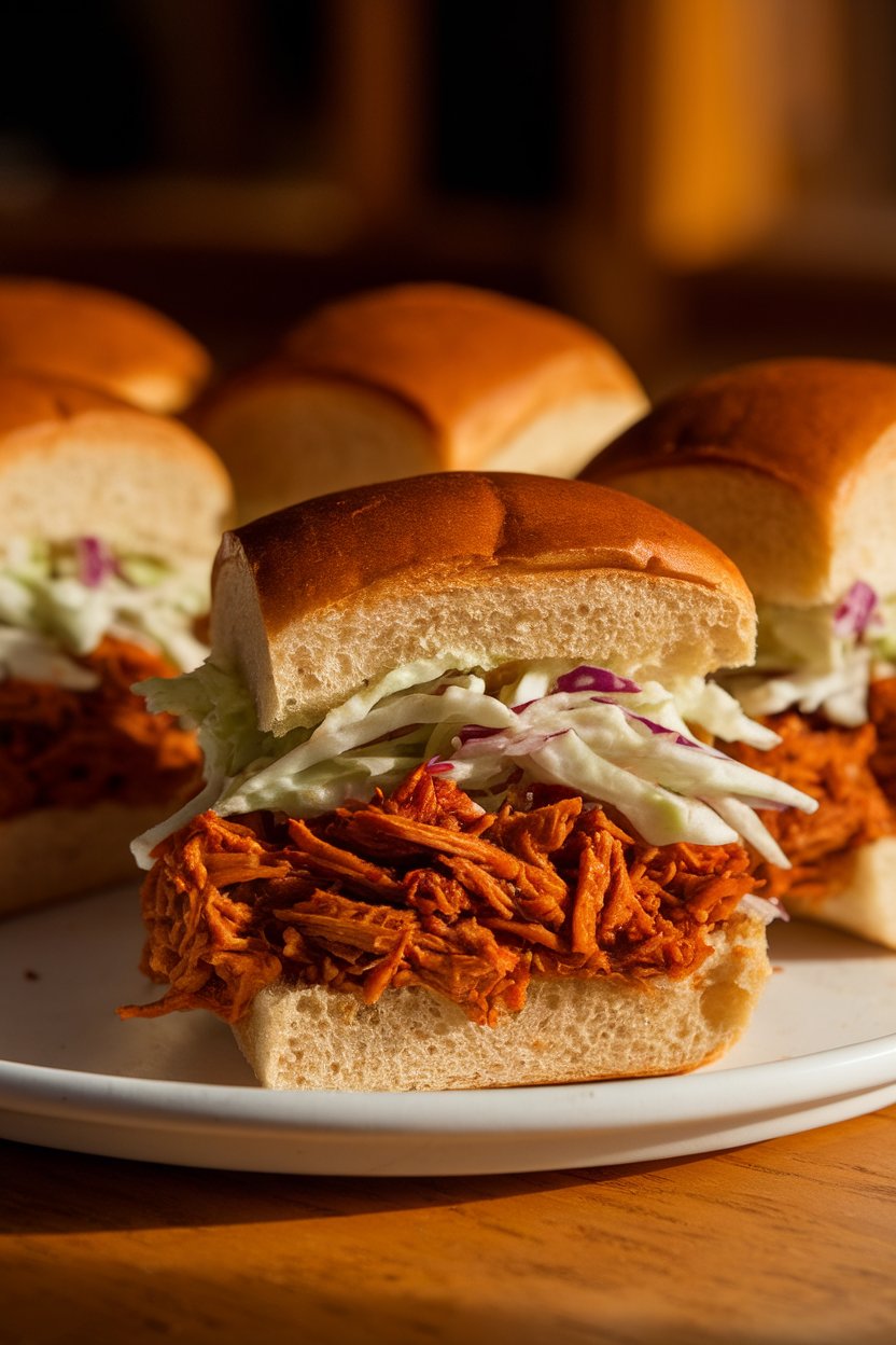 Photo of small whole-wheat slider buns filled with saucy pulled jackfruit, coleslaw on top, shot indoors under warm light. No text or logos.