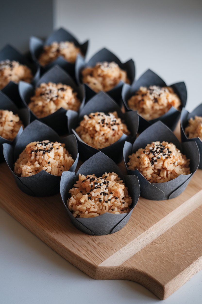 Indoor photo of muffin-tin cups of chicken fried rice topped with sesame seeds on a wooden board. No text or logos.