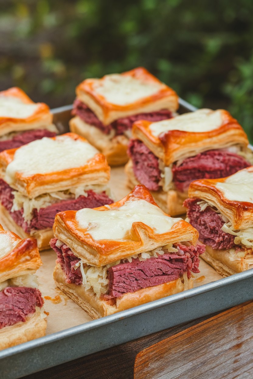 Indoor photo of puff pastry squares filled with corned beef, sauerkraut, and Swiss cheese on a tray; no text or logos.