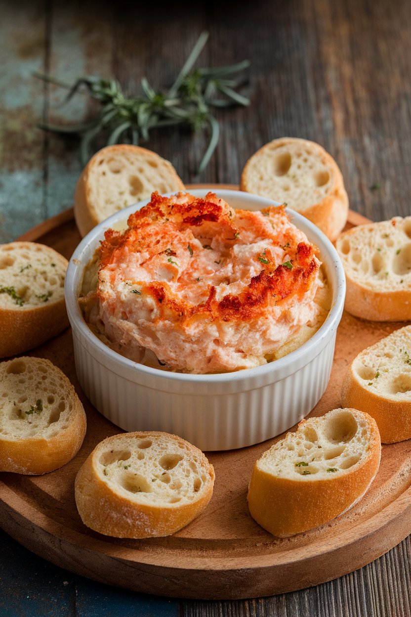 Indoor ramekin of creamy baked crab dip with a golden crust, surrounded by buttered baguette rounds. No text or logos.