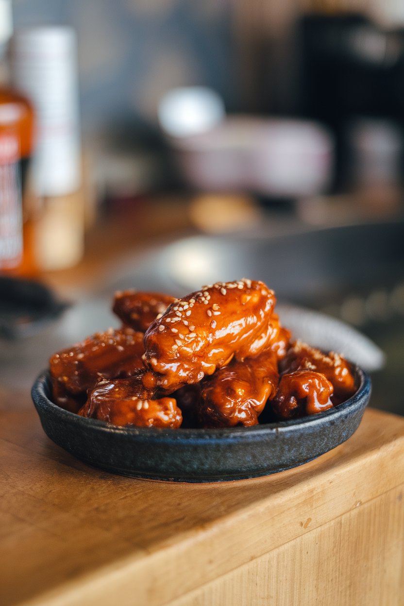 A ceramic platter on an indoor counter holding sticky, glossy honey-Sriracha wings with sesame seeds sprinkled on top. No text or logos visible.