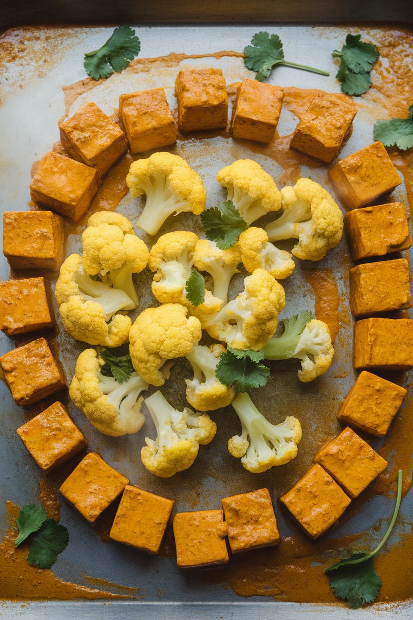 Indoor photo of turmeric-coconut curry coated tofu cubes, cauliflower florets tinged yellow, and cilantro garnish on a sheet pan; no logos