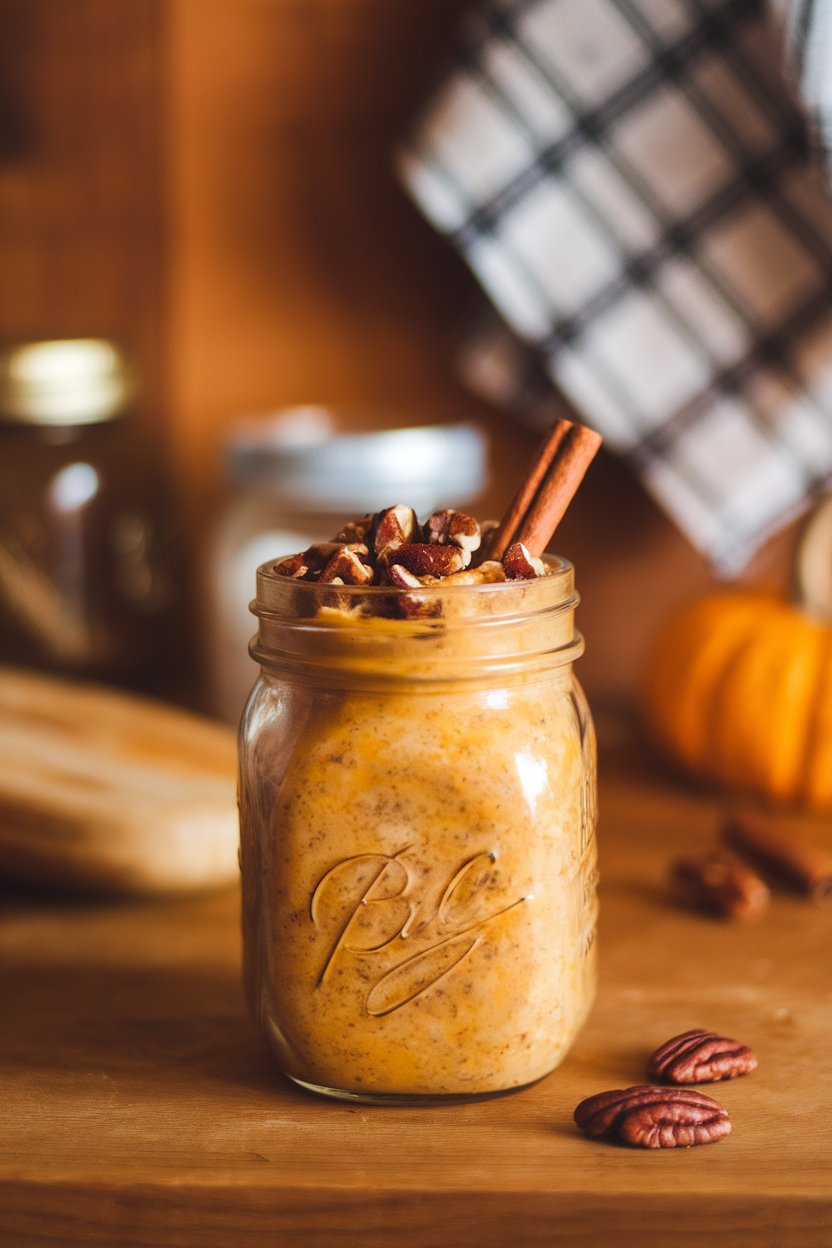 A mason jar on an indoor counter filled with orange-hued pumpkin overnight oats, topped with pecan pieces. No text or logos. Photo, not illustration.