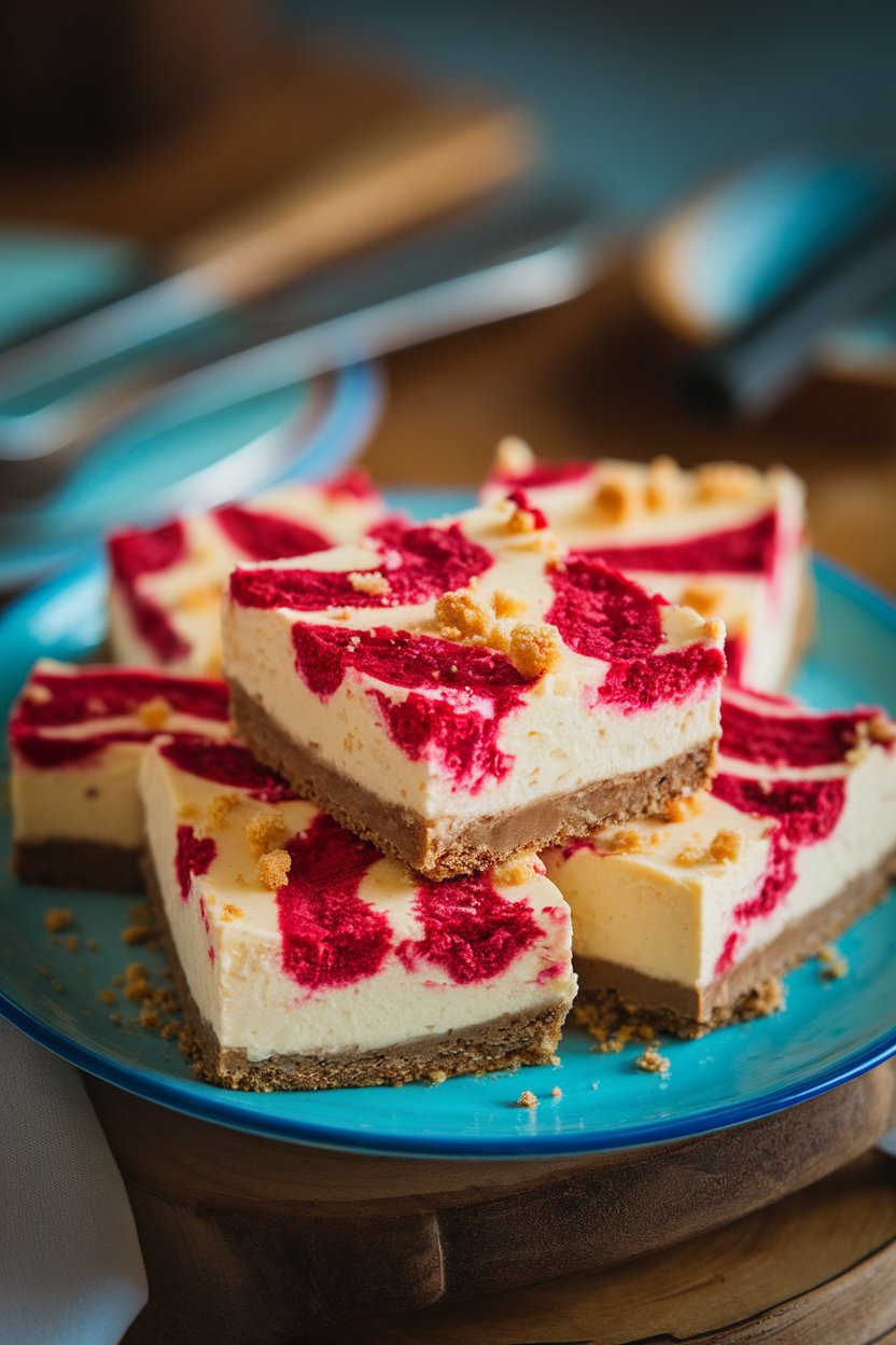 An indoor plate of creamy cheesecake bars streaked with vibrant raspberry swirls, crumbs on surface. No text or logos; photo, not illustration.