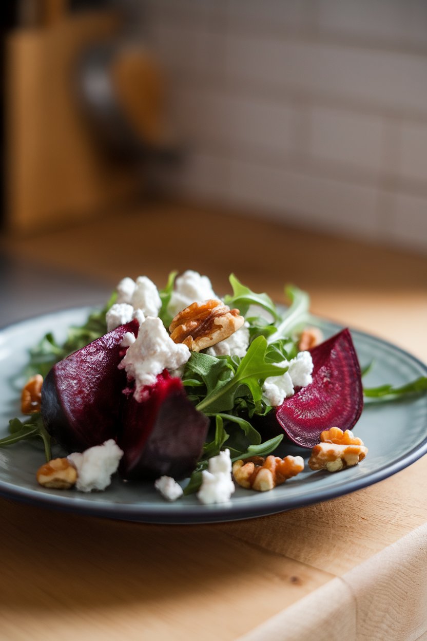 An indoor plate featuring roasted beet wedges, crumbled goat cheese, arugula, and walnut pieces. No branding or text visible.