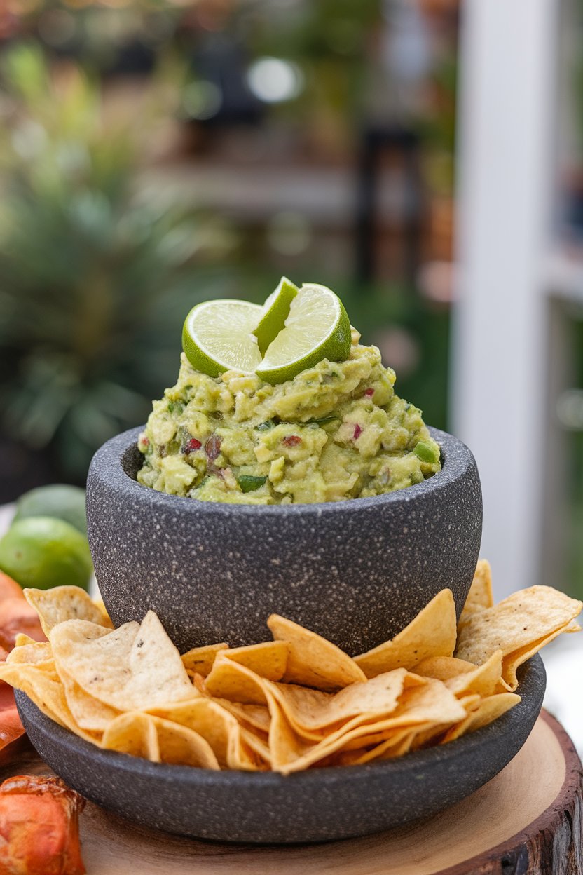 Indoor photo of a molcajete filled with chunky guacamole, lime wedges and tortilla chips around; no text or logos.