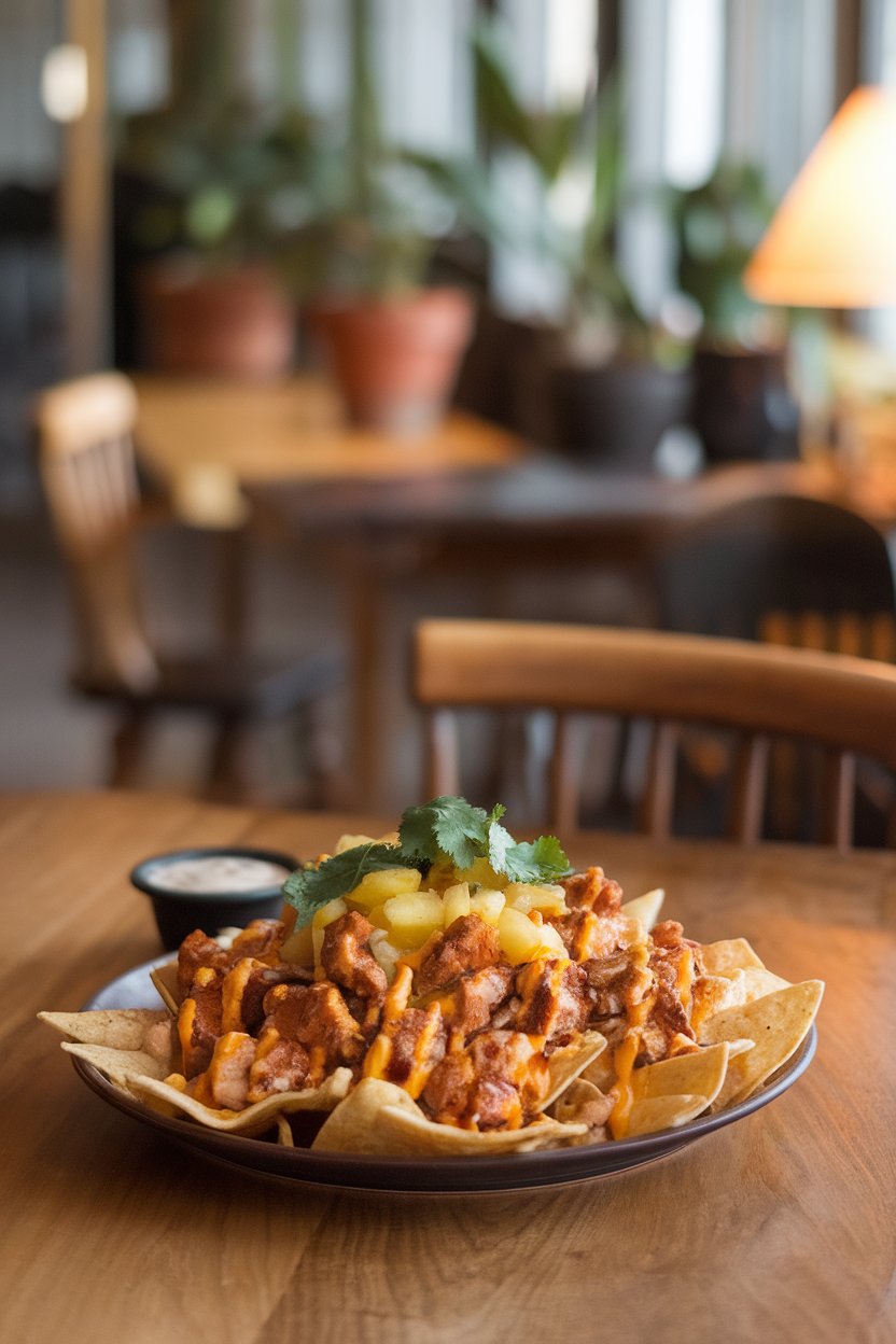 Warm indoor setting with nachos topped with jerk chicken, cheddar, pineapple salsa, and cilantro; no text or logos, photo not illustration.