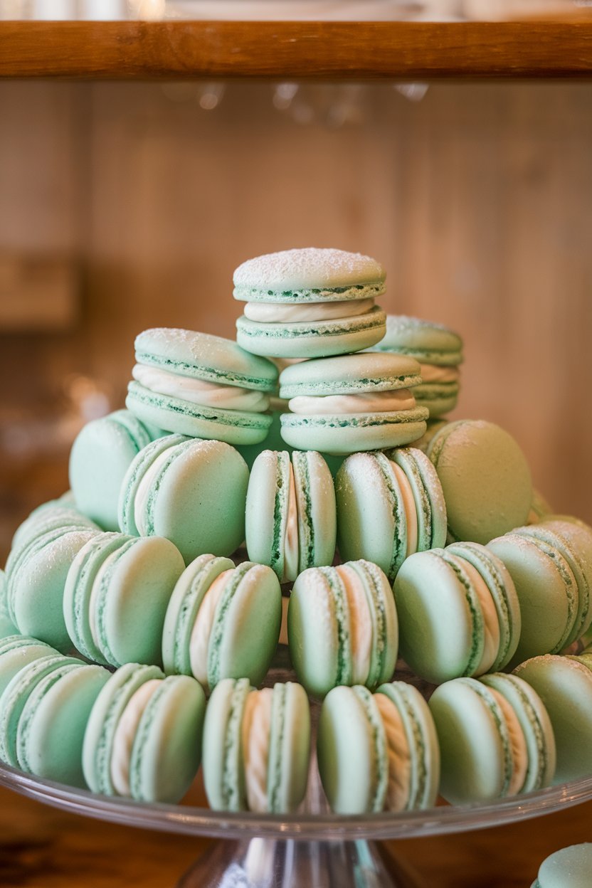 An indoor patisserie display of mint-green almond macarons with white ganache centers, no text or logos. Photo only.